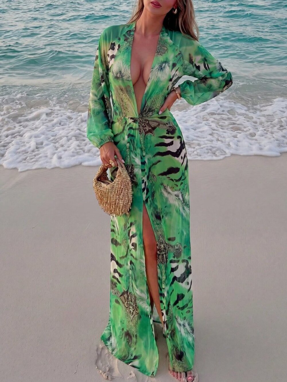 Green Casual Elegant Women's Deep V-Neck Long Sleeve Loose Dress